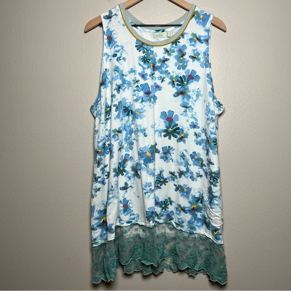 LOGO by Lori Goldstein Tops - LOGO Lounge Women Tank Top 2X Blue Floral Art Sheer Mesh Lace Trim Stretch Green